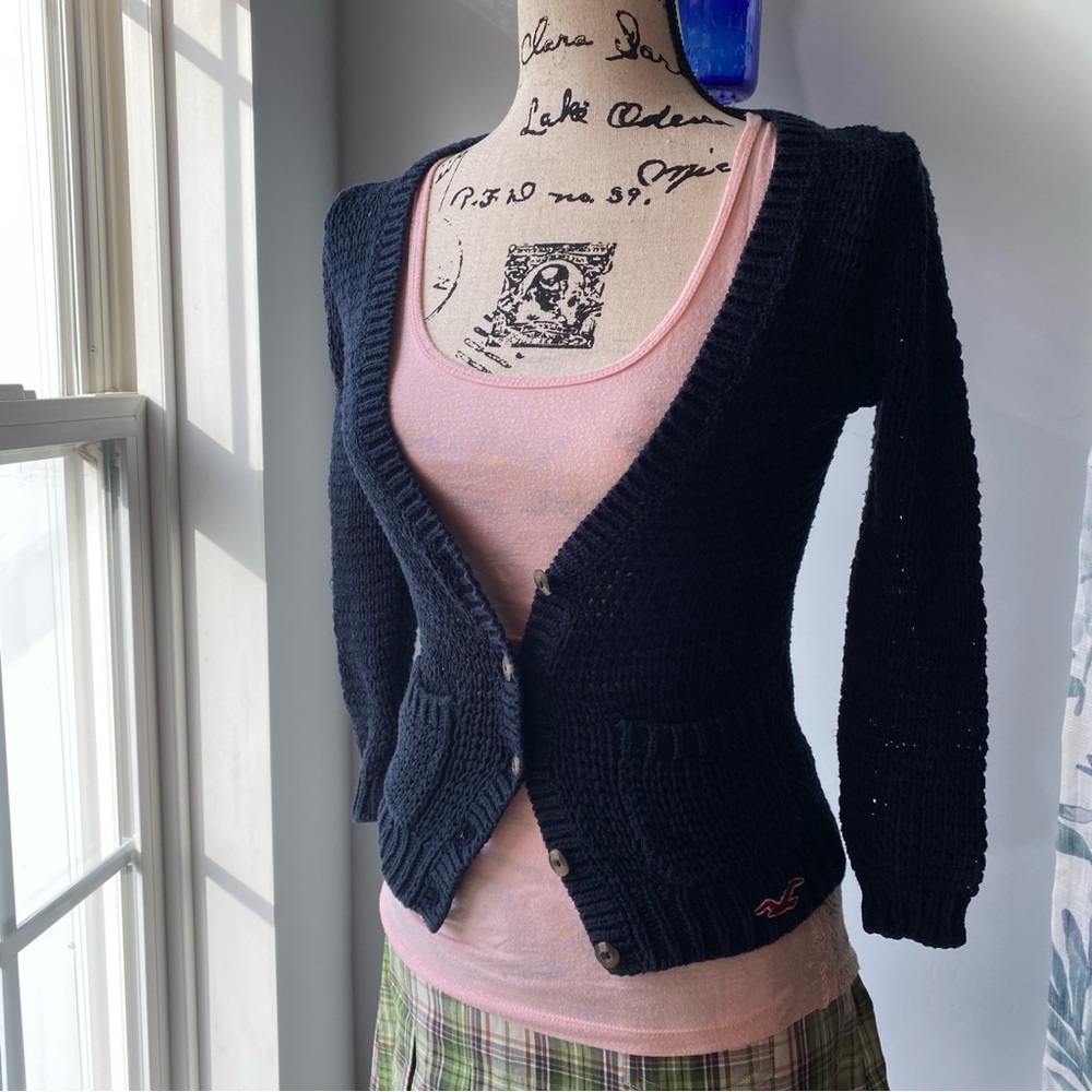 Y2K Hollister Navy Blue Knit Cardigan XS 2000s Preppy Academia Sweater